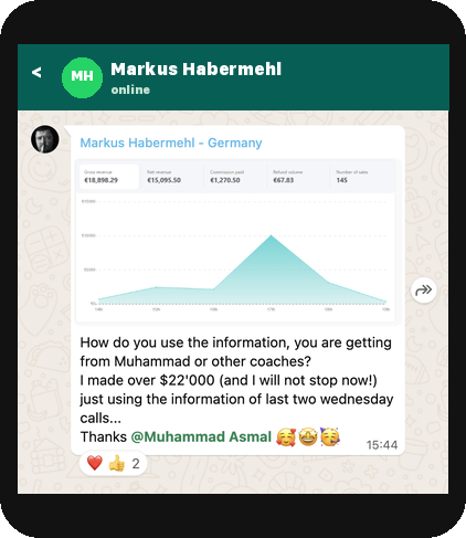 WhatsApp message from Markus Habermehl (Germany): generated $22,000+ from implementing strategies in two Wednesday coaching calls